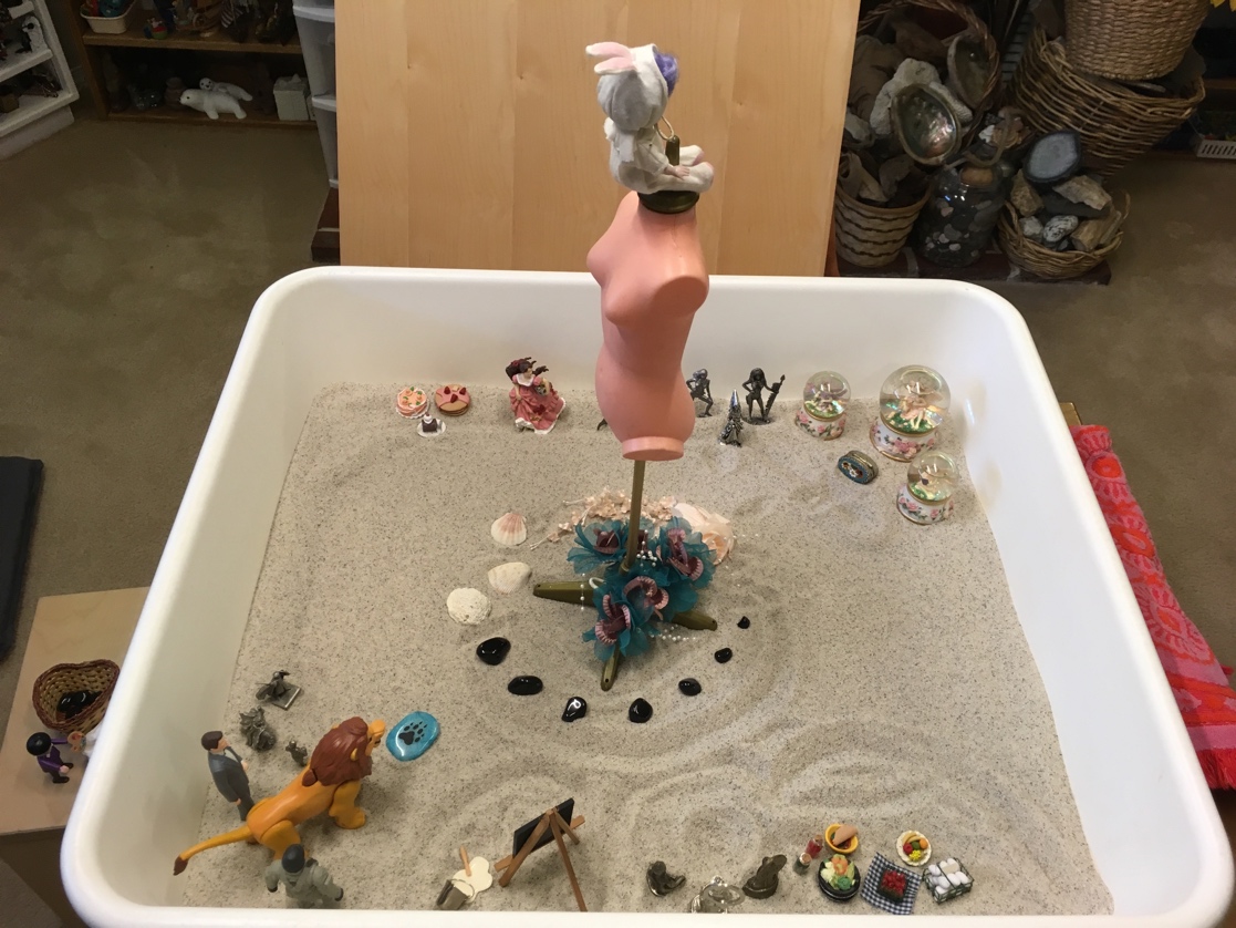A sand box with a mannequin and figurines  Description automatically generated